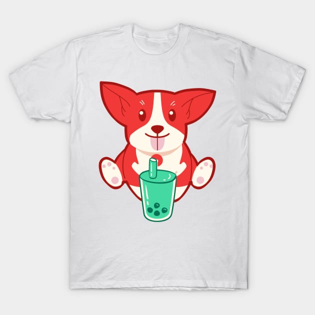 Red Corgi Dog Drinking Bubble Tea T-Shirt by groovyfolk